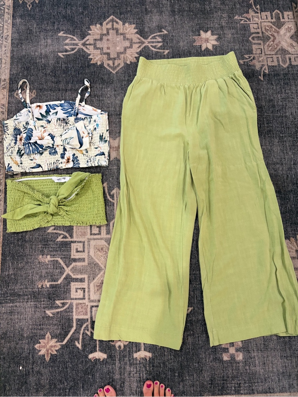 Women's Linen-Blend Wide Leg Pants Set - Light Green